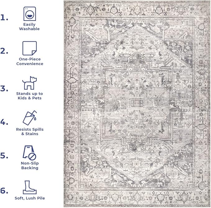 nuLOOM 2x3 Machine Washable Rain Haven Vintage Medallion Area Rug, Grey, Traditional Faded Design, Non-Slip Backing, Stain Resistant, For Bedroom, Dining Room, Living Room, Kitchen