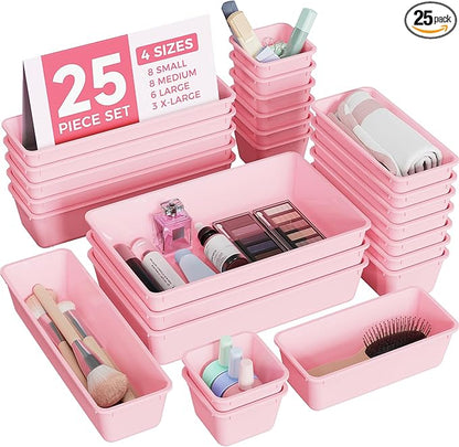 BiuLeon 25 PCS Plastic Drawer Organizers Set, 4-Sizes Vanity and Makeup Organizer, Desk and bathroom Drawer Organizer Trays, Organizers and Storage for Makeup, Jewelry, Gadgets, Utensils (Pink)