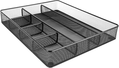 Amazon Basics Mesh Desk Drawer Organizer with 6 Compartments, Non-Slip Office Supplies Storage for Pens and Accessories, Black | Pack of 4