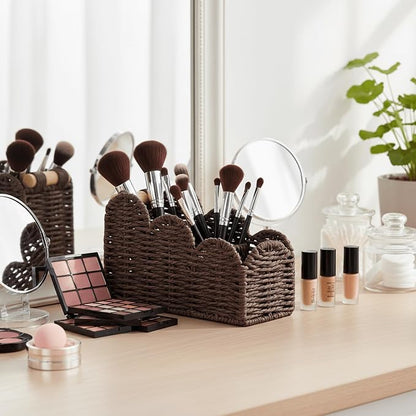CubesLand Bedside Table Desk Organizer Caddy, Remote Pen&Pencil Holder Cup | Makeup Brush Holder w/Scalloped Perfect for Home, Office Desk, Living Room Table Decor, 3 Slots Brown