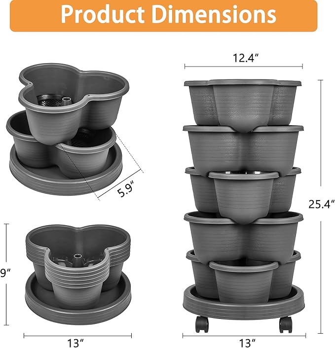 VECELO 5 Tier Vertical Garden Planter, Self Watering Stackable Planters with Wheels for Strawberries, Herbs, Flowers, Vegetables, Dark Gray