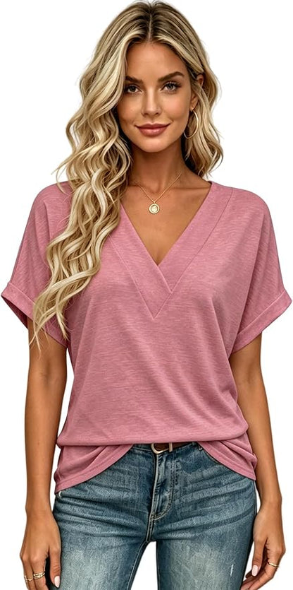 T Shirts Short Sleeve V Neck Tees Womens Tops Beach Vacation Fashion Clothes 2026 Casual Summer Spring Fall Outfits