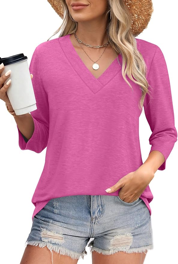 WIHOLL Womens Tops 3/4 Length Sleeve V Neck Casual Tunic Tops Basic Shirts Loose Fit Blouse