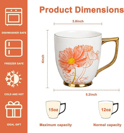 Ceramic Coffee Mug - 15 oz Tea Cup with Cosmos and Anemone Pattern, Porcelain Floral Mug for Home, Mother's Day Gift for Mom and Wife