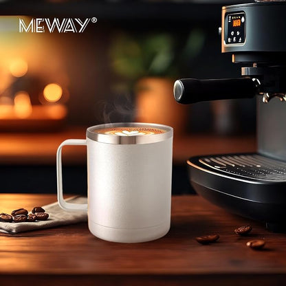 MEWAY 12oz Coffee Mug With Handle and Sliding Lid,Stainless Steel Travel Tumbler Cup with Handle,Double Wall Vacuum Insulated Camping Cup for Hot & Cold Drinks Tea (White, Set of 1