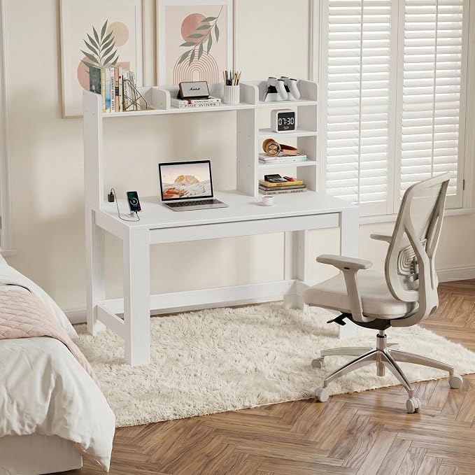 WINAZ White Desk with Hutch and Power Outlet, 43 Inch Small Space Computer Writing Desk with Storage Shelves, Modern Home Office Workstation for Bedroom Dorm