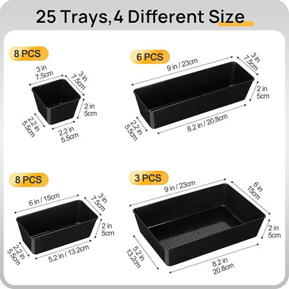 Vtopmart 25 Pack Plastic Drawer Organizers with Non-slip Rubber Pads | 4-Size Versatile Makeup Organizer, Storage Containers Small Bins for Makeup, Jewelries, Bedroom, Kitchen Utensils and Office