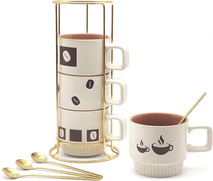 Stackable Coffee Mug Sets of 4 with Rack Tea Cup Set with Spoon 11oz for Coffee, Tea, Cocoa, Cappuccino, Hot Chocolate Ceramic Espresso Cups with Coffee Cup Holder, theme of Trendy