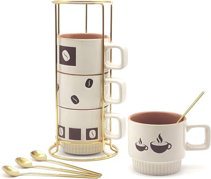 Stackable Coffee Mug Sets of 4 with Rack Tea Cup Set with Spoon 11oz for Coffee, Tea, Cocoa, Cappuccino, Hot Chocolate Ceramic Espresso Cups with Coffee Cup Holder, theme of Trendy