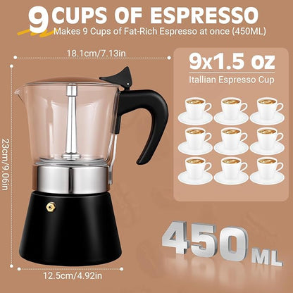9 Cup 450ml Glass Moka Pot, Stovetop Espresso Maker, Black | Crystal Glass-top & Stainless Steel Coffee Maker, Induction Compatible, for Greca de Cafe, Cuban and Italian Coffee Brewing