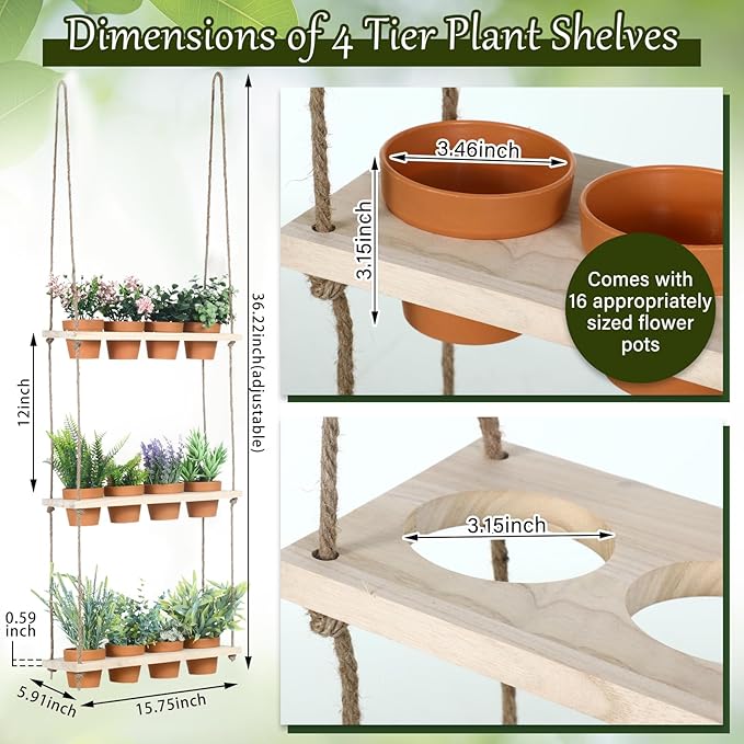 3 Tiered Hanging Herb Planters Hanging Herb Garden Wall with 12 Pcs Nursery Pot Wood Vertical Window Plant Shelf with Holes and Rope Plastic Flower Pots Spring Garden Indoor Kitchen