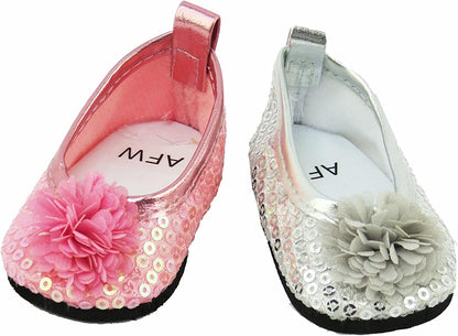 American Fashion World Sequin Flats with Flower for 18-Inch Dolls | 2 Piece Set | Premium Quality & Trendy Design | Dolls Shoes | Shoe Fashion for Dolls for Popular Brands