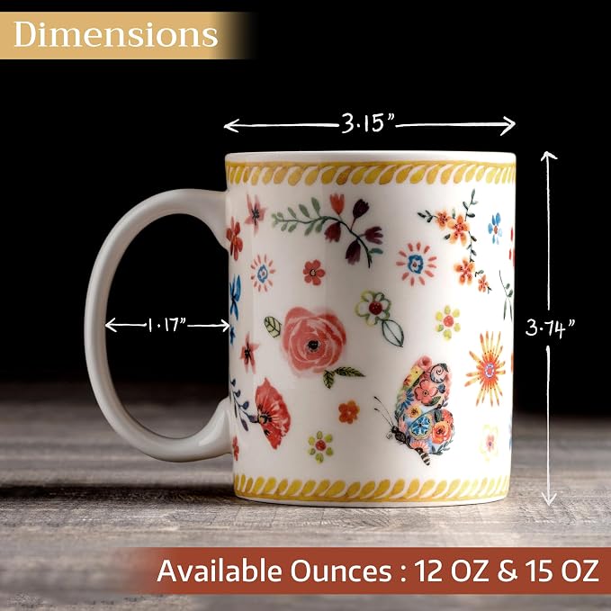 Maison d' Hermine Coffee Mug with Handles Tea Cups (12 Ounce, Pack of 2) | Fine Bone China Coffee Mugs for Hot Beverages Cappuccino Latte Home Restaurant Hotel Spring Summer -Happy Florals - Sweety