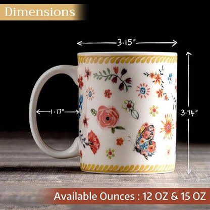 Maison d' Hermine Coffee Mug with Handles Tea Cups (12 Ounce, Pack of 2) | Fine Bone China Coffee Mugs for Hot Beverages Cappuccino Latte Home Restaurant Hotel Spring Summer -Happy Florals - Sweety