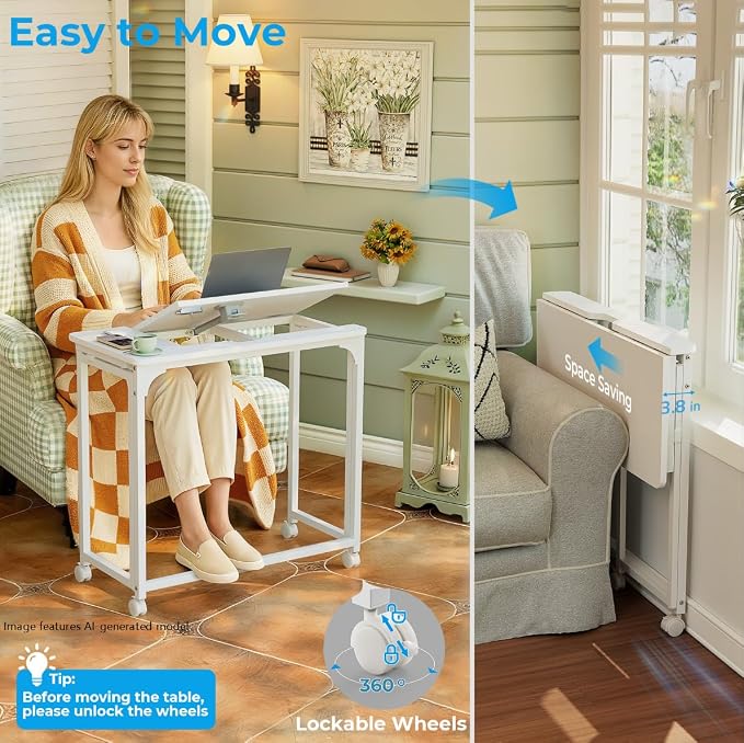 GreenForest Portable Folding Desk with Wheels, 31.5 inch Adjustable Tilt | Drafting Table Workstation for Small Spaces, Home Office, Drawing & Craft Projects，White