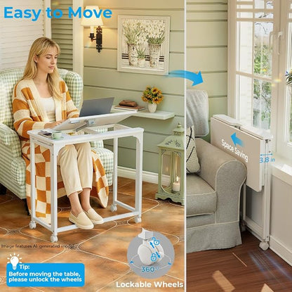 GreenForest Portable Folding Desk with Wheels, 31.5 inch Adjustable Tilt | Drafting Table Workstation for Small Spaces, Home Office, Drawing & Craft Projects，White