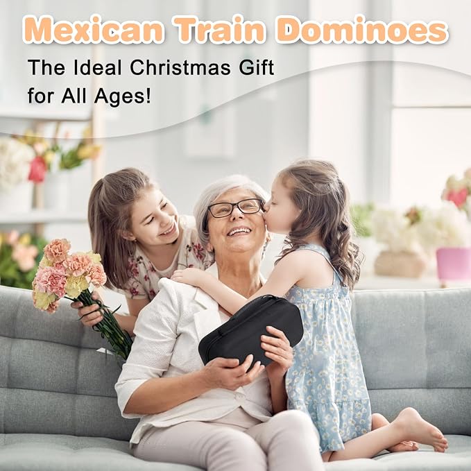 Mexican Train Double 12 Dominoes Set - 91 Tiles with 4 Wooden Trays & Travel Case, Family Board Game for Adults Kids Party Travel