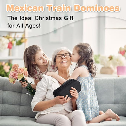 Mexican Train Double 12 Dominoes Set - 91 Tiles with 4 Wooden Trays & Travel Case, Family Board Game for Adults Kids Party Travel