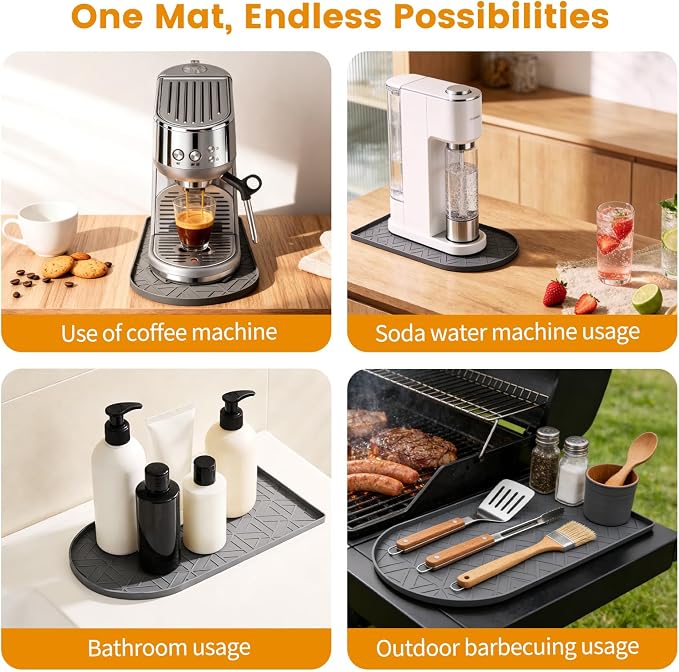 Silicone Coffee Mat,15.8"x7.9" Coffee Bar Mats for Countertop,Espresso Mat, Silicone Heat Resistant Mat for Espresso Machine/Coffee Maker（ (GREY)
