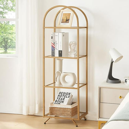 HOMBAZAAR Bookshelf,4-Tier Modern Bookcase,Book Shelf with Tempered Glass,Tall Bookshelf for Home Office, Bedroom and Living Room,Gold.