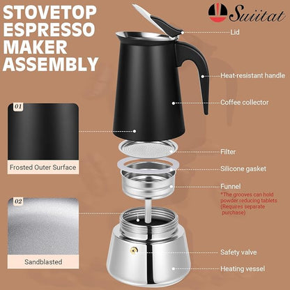 4 Cup Stainless Steel Moka Pot, 200ml Stovetop Espresso Maker, Black
