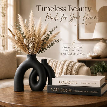 Jas & Jax Matte Black Ceramic Hug Donut Vase Set – Nordic Boho Home Decor, Pampas Grass & Dried Flowers Centerpiece for Living Room, Console Table, Bookshelf or Mantel