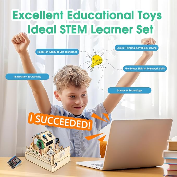 ESP32 IoT STEM Kit for Arduino/Acecode, 3D Wooden Puzzles Smart Home Learner Kit for Kids Age 10+, Educational STEM Toy House DIY Sensor Coding Set, Voice/APP Control, Gift for Adults Teens Boys Girl