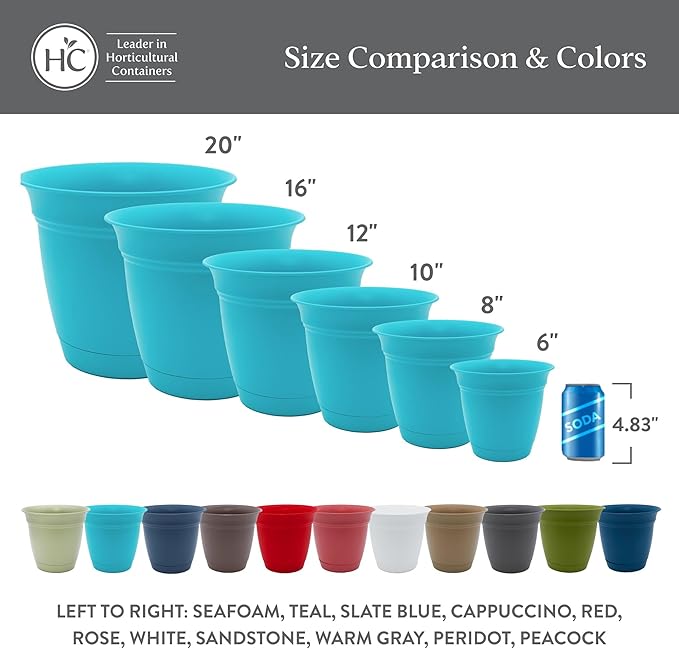 The HC Companies 8 Inch Eclipse Round Planter Pots with Drainage Holes & Attached Saucer, Lightweight UV-Resistant Plastic Indoor & Outdoor Planters, 4-Pack Flower Pots, Garden Home Decor, Slate Blue