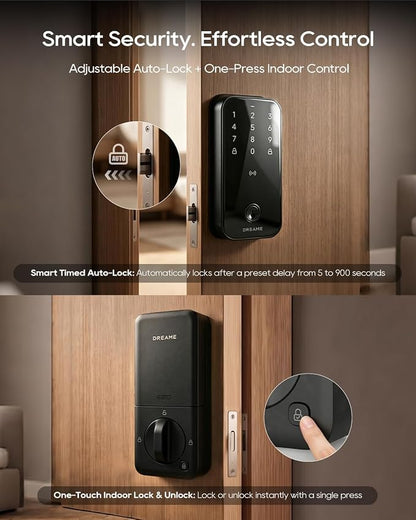 Dreame Turbo Lite Smart Wi-Fi Door Lock, Fingerprint Keyless Entry Deadbolt for Front Door, Built-in Wi-Fi, Keypad Smart Lock, Works with Apple Home, Auto Lock, IP54 Waterproof, 12-Month Battery Life