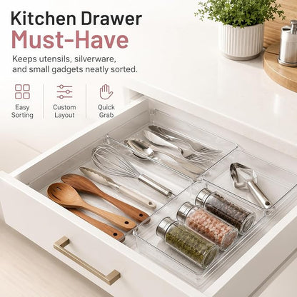 12 Pack Large Drawer Organizer Bins - Clear Plastic Bathroom Drawer Organizer Trays - Heavy Duty Kitchen Drawer Dividers for Utensils - Non-Slip Storage Bins for Makeup, Bedroom, Office Desk