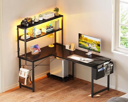 ODK 43" L Shaped Gaming Desk with Shelves, LED & Outlets, Black | Reversible L-shape. LED gaming lights & USB. Headset hook & storage bag. Fits dorms, small bedrooms & compact apartments.