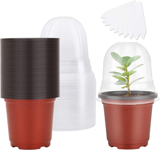 MIXC Plant Nursery Pots with Humidity Dome 4" Soft Transparent Plastic Gardening Pot Planting Containers Cups Planter Small Starter Seed Starting Trays for Seedling with 10pcs Plant Labels，30 Sets