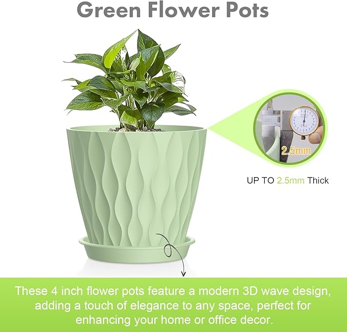 4 inch Small Plastic Nursery Pots, 5 Pack Water Ripples Plant Pots for Indoor Plants, Flower Pots with Drainage Holes and Saucers, Seeding Starter Planters for Decorative, Green