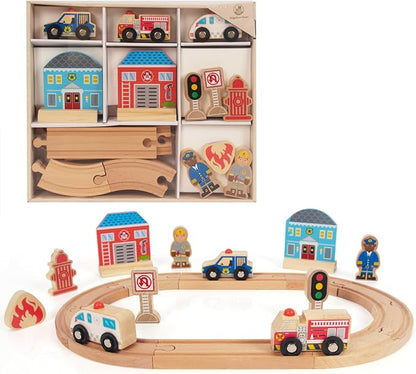 Wooden Train Set for Toddler, Wooden Tracks fits Thomas, fits Brio, fits Chuggington, fits Melissa and Doug - Expandable, Changeable Train Toy for 3 4 5 Years Old Girls & Boys (Police)