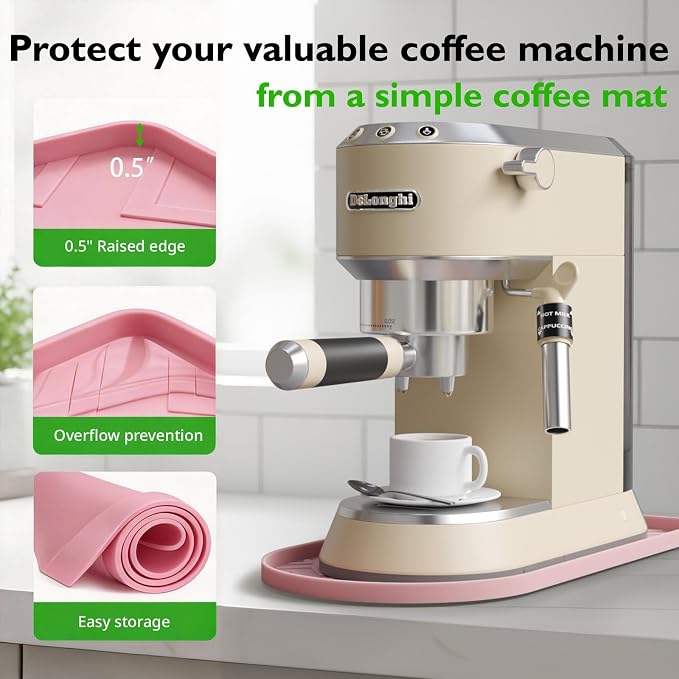 Silicone Coffee Mat,15.8"x 9.8"in Bar Mat for Countertop,Heat-Resistant,Non-Slip,Leak-Proof,Fit for Coffee Maker/Espresso Machine-Pink