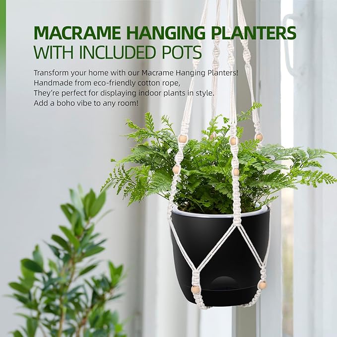 2-Pack 7.1-Inch Self-Watering Hanging Planters for Indoor & Outdoor Plants,34Inch Macrame Hanger Plant Pots Indoor with Drainage,Small Hanging Planters & Baskets,With Two Sets of Hooks（Pure black）