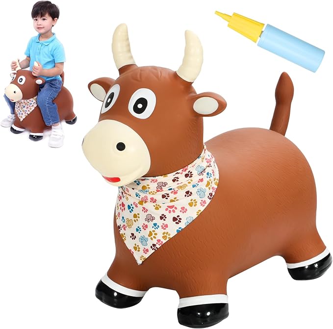INPANY Bouncy Bull Farm Animal Hopping Toys for 1 2 Year Old Boy Gifts, Ride on Toddler Brown Cow Hopper, Kids Inflatable Jumping Horse, Outdoor Indoor Rubber Bouncer for 3 4 Yr Girl Birthday