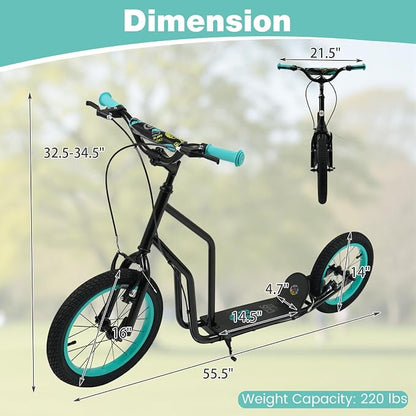 Costzon Big Wheels Kick Scooter for Kids 8+, Youth Scooter with Foldable & Height Adjustable Handlebar, Inflatable Shock Absorption Wheels, Dual Brakes for Teens, Adults, Max Load 220 LBS