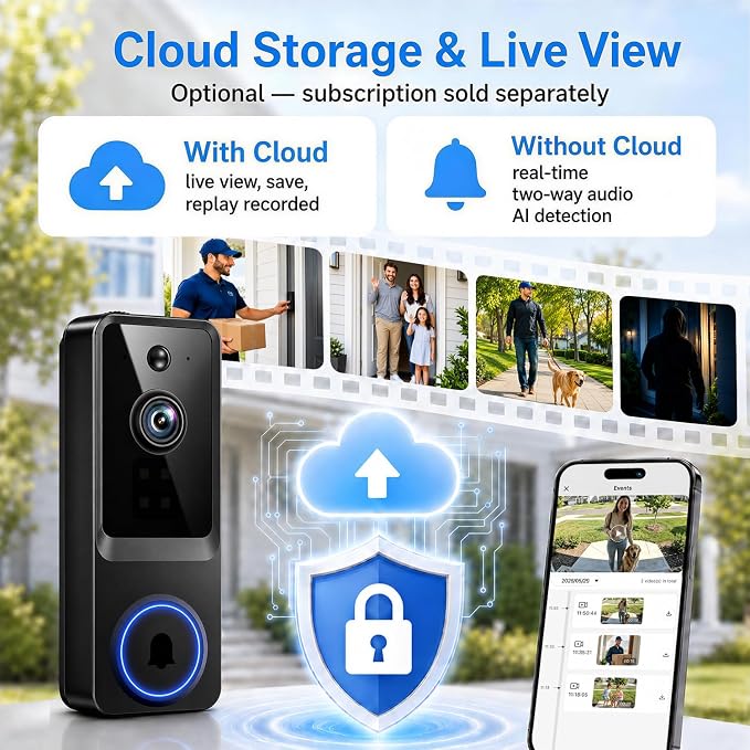 Doorbell Camera Wireless, 1080P Video Doorbell Camera Battery Powered, Security Camera with AI Human Detection, 2-Way Audio, Night Vision, Cloud Storage, 2.4G WiFi, Front Door Camera for Home Security