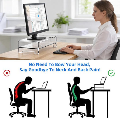 Acrylic Monitor Stand Riser Clear Laptop Stand 2-Tier L16 xW7.5 xH4.7 | Computer Monitor Stand Laptop Riser with Storage, Compatible with All Notebooks and Monitors, Desk Organizer for Home Office