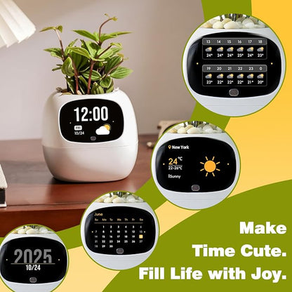 Smart Plant Pot with Visual Display – Soil Moisture, Water Level, Light & Battery Monitor, 80ml Self-Watering Reservoir, Supports 50+ Plants, Pomodoro Timer, Clock & Calendar (White)