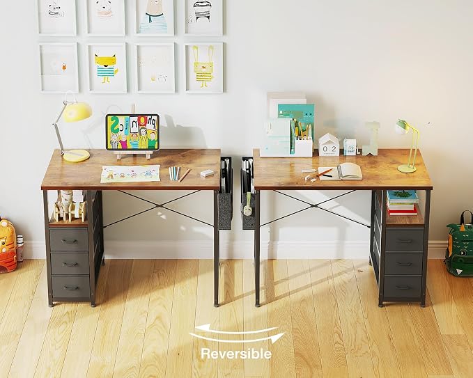 AODK 32 Inch Small Computer Desk with Fabric Drawers, Vintage | Mini Desk with Storage Shelf & Bag, Kids Study Desk for Bedroom, Home Office Desk for Small Space