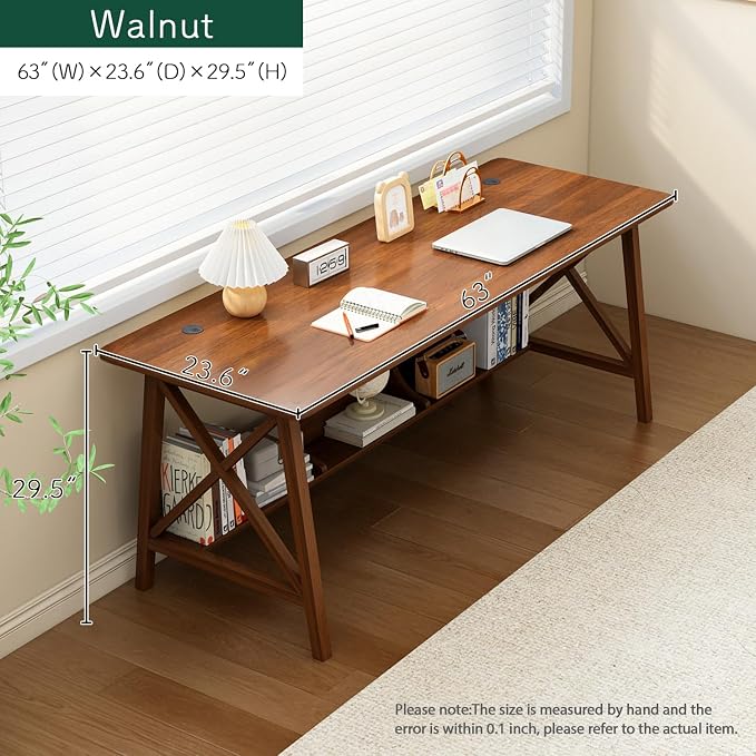 NELYE Extra Long Writing Desk with Bookshelf, 63" Wx24 Dx30 H, Walnut | Wooden Home Office Work Study Table, Computer Gaming Workstation with Storage Shelf, Sturdy MDF Resists Wobble