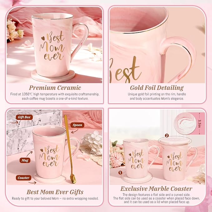 YHRJWN Birthday Gifts for Mom, Best Mom Ever Coffee Mug, Mom Mothers Day Gifts from Daughter Son, Moms Gift Idea for Birthday, Valentines Day, Present for Moms Mothers, 14 Oz Pink