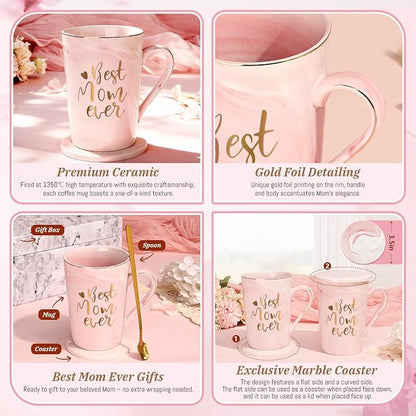 YHRJWN Birthday Gifts for Mom, Best Mom Ever Coffee Mug, Mom Mothers Day Gifts from Daughter Son, Moms Gift Idea for Birthday, Valentines Day, Present for Moms Mothers, 14 Oz Pink