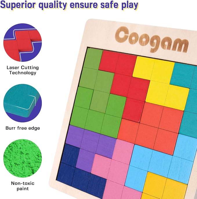 Coogam Wooden Puzzle Pattern Blocks Brain Teasers Game with 60 Challenges, 3D Russian Building Toy Wood Tangram Shape Jigsaw Puzzles Montessori STEM Educational Toys Gift for Kids Adults