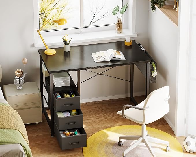 AODK 32 Inch Small Computer Desk with Fabric Drawers, Black | Mini Desk with Storage Shelf & Bag, Kids Study Desk for Bedroom, Home Office Desk for Small Space