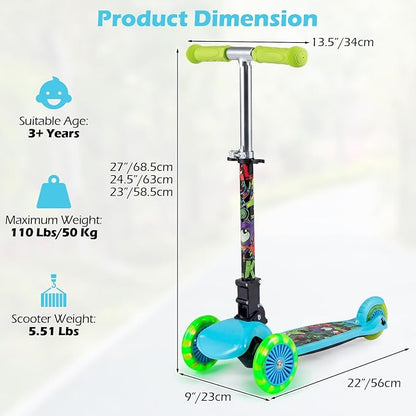 OLAKIDS Kids Kick Scooter with LED Front Wheels, 3-Level Adjustable Handlebars, Lean-to-Steer Design, Rear Foot Brake, Wide Anti Slip Deck, 3-Wheel Scooter for Kids Ages 2-5