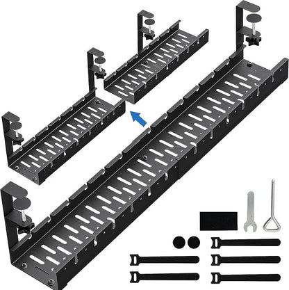 No Drilling Extendable Under Desk Cable Management, Metal Cable Management Tray Under Desk with Clamp, Retractable Power Strip Cord Holder for Wire Management 31Inch (2 Pack Extendable 31')