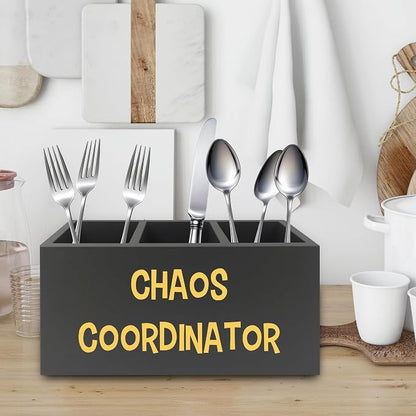 Chaos Coordinator Black Yellow Pen Pencil Holder Organizer for Desk, Thank You Gifts for Women Men Coworkers Boss Leader Manager, Appreciation Gifts Wooden Box Sign for Desk Tabletop Decorations